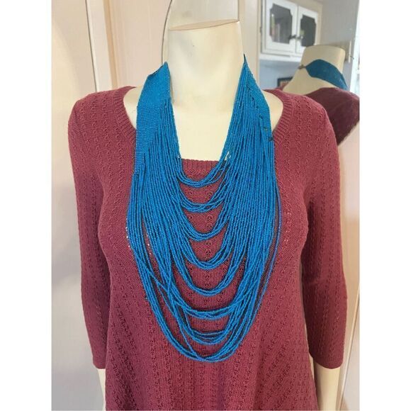 Turquoise Blue Multi Strand Woven Seed Bead Statement Necklace 21” drop - Picture 1 of 5